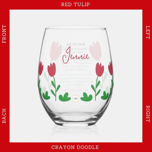 Red Tulip Flowers Crayon Doodles with Iftar Dua Stemless Wine Glass (Creator Uploaded)
