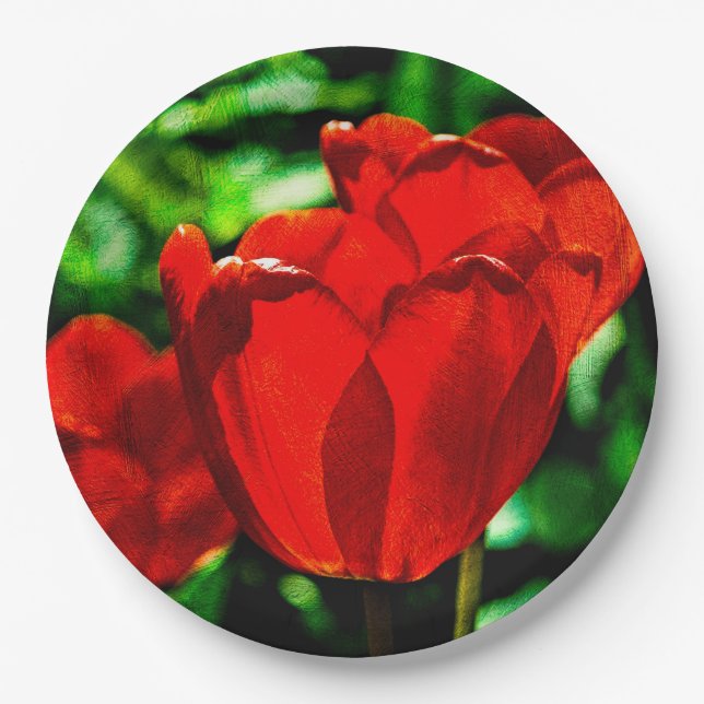 Red tulip flowers paper plate (Front)