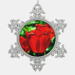 Red tulip flowers snowflake pewter christmas ornament