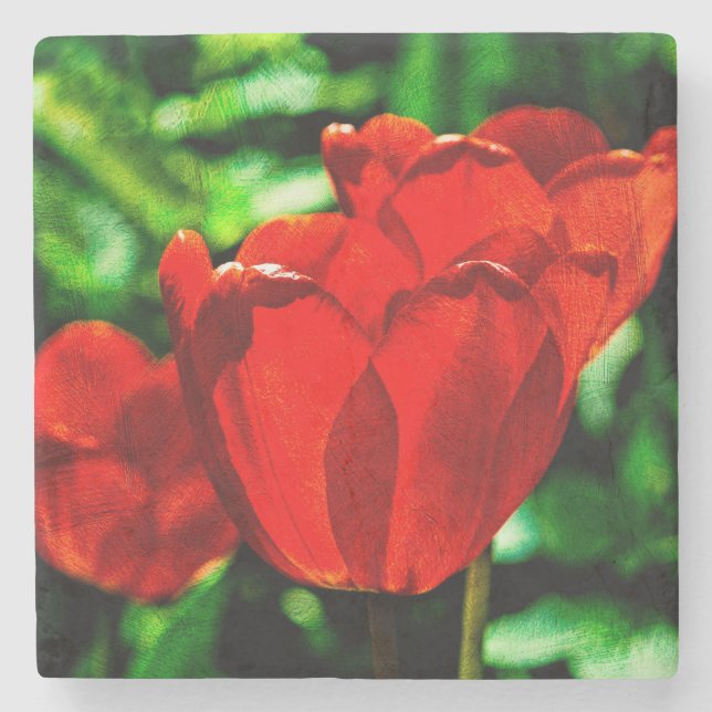 Red tulip flowers stone coaster (Front)