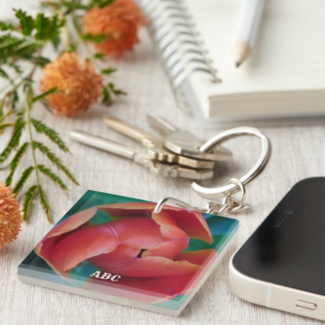 Red Tulip Macro Photo Personalised Acrylic Keyring (Front Right)