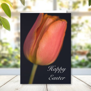 Red Tulip on Black Happy Easter Holiday Card