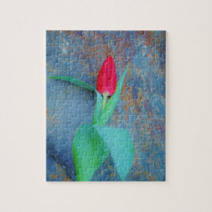 Red Tulip on Blue Gray Slate Jigsaw Puzzle