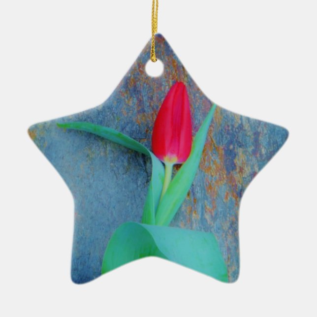 Red Tulip on Blue Grey Slate Ceramic Ornament (Front)