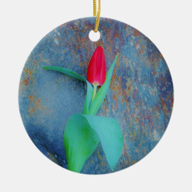 Red Tulip on Blue Grey Slate Ceramic Ornament (Front)