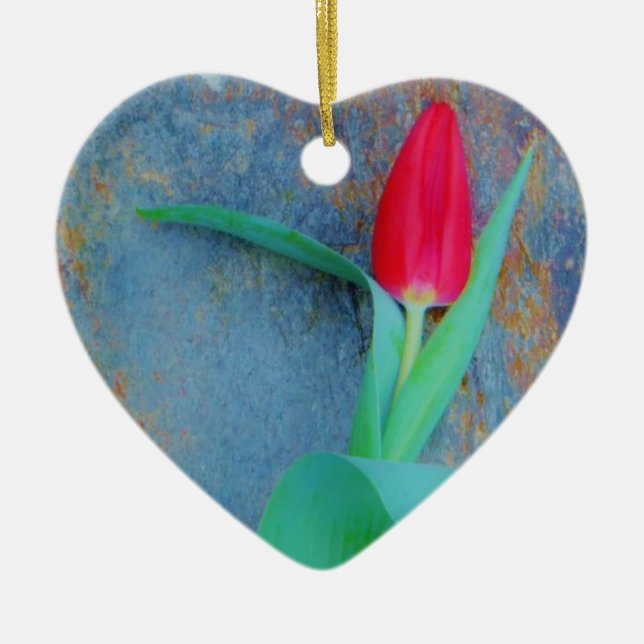 Red Tulip on Blue Grey Slate Ceramic Tree Decoration (Front)
