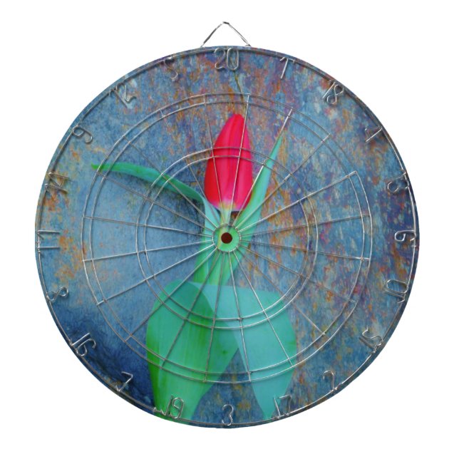 Red Tulip on Blue Grey Slate Dartboard (Front)
