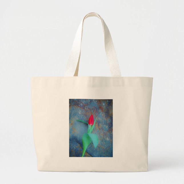 Red Tulip on Blue Grey Slate Large Tote Bag (Front)