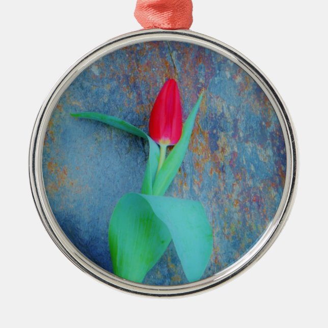 Red Tulip on Blue Grey Slate Metal Ornament (Front)