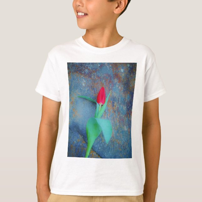 Red Tulip on Blue Grey Slate T-Shirt (Front)