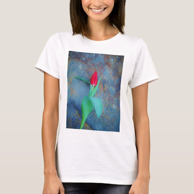 Red Tulip on Blue Grey Slate T-Shirt (Front)