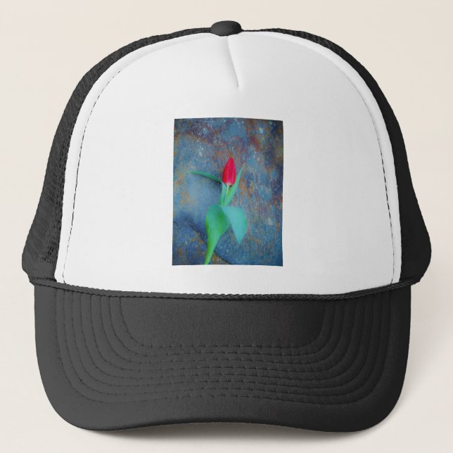 Red Tulip on Blue Grey Slate Trucker Hat (Front)
