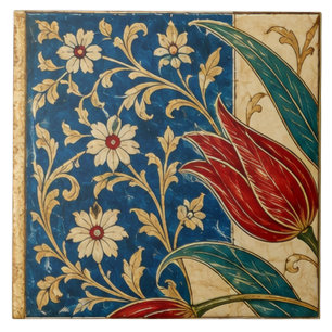 Red Tulip on Cobalt Blue Floral Art Ceramic Tile