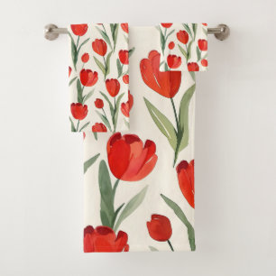 Red tulip pattern bath towel set