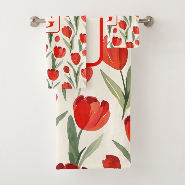Red tulip pattern personalised monogram bath towel set (Insitu)