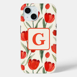Red tulip pattern personalised monogram iPhone 15 case
