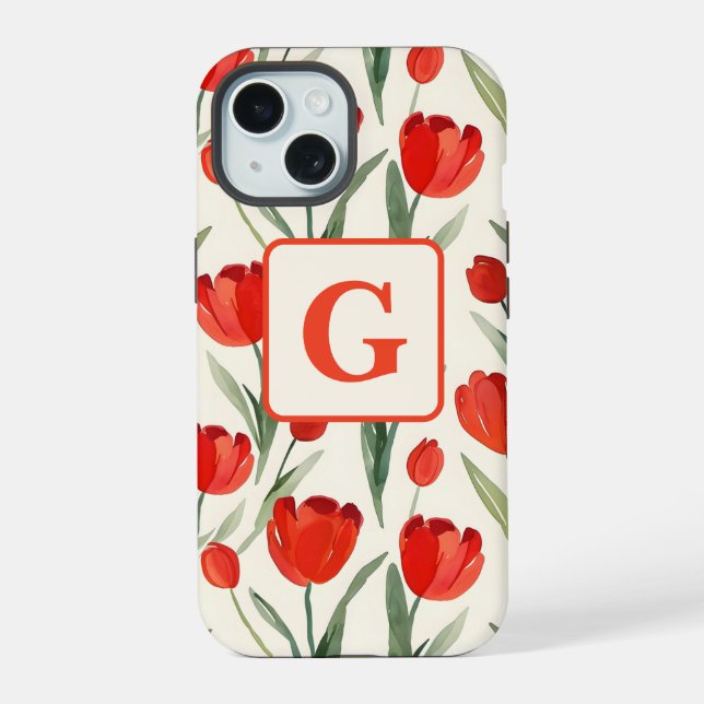 Red tulip pattern personalised monogram iPhone 15 case (Back)