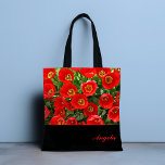 Red Tulip Personalised Tote Bag<br><div class="desc">Such a stunning design with a pattern of bright red tulip flowers on a background of green leaves. Add your name for a personalised touch or delete the text for your custom tote. Designed for you by Evco Studio</div>
