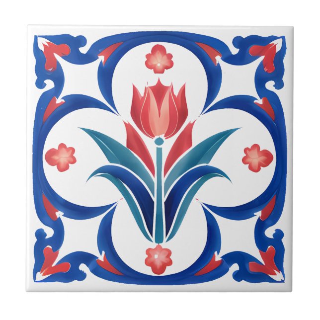 Red Tulip Turkish Iznik Ceramic Tile Art (Front)