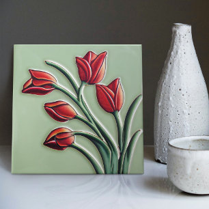 Red Tulip Wall Decor Art Nouveau Art Deco Ceramic  Tile