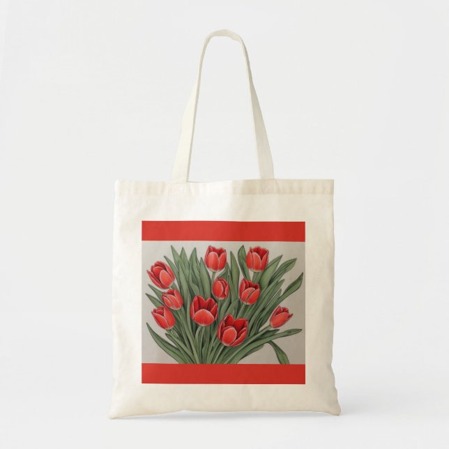 Red Tulip Watercolor Flower Tote Bag (Front)