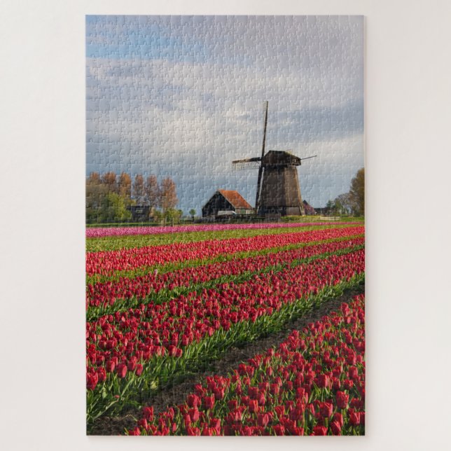 Red tulips and a windmill jigsaw puzzle (Vertical)