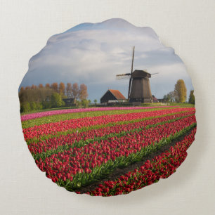Red tulips and a windmill round cushion