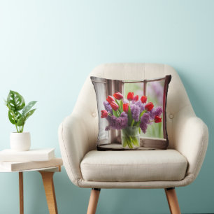 Red Tulips and Lilac Bouquet Cushion
