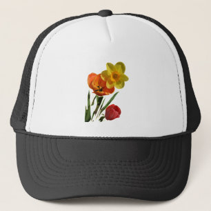 Red tulips and yellow daffodil flower photo art trucker hat