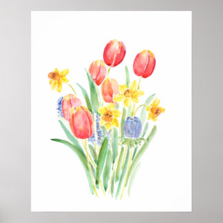 red tulips and yellow daffodils watercolor poster