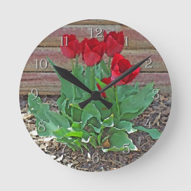 Red Tulips Art Round Clock (Front)