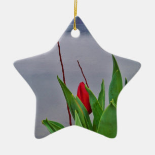 Red Tulips Blue Lake Arrowhead water Ceramic Ornament