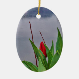 Red Tulips Blue Lake Arrowhead water Ceramic Tree Decoration