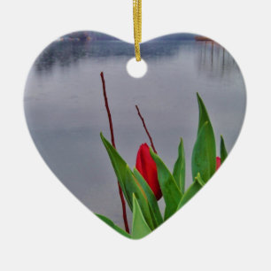 Red Tulips Blue Lake Arrowhead water Ceramic Tree Decoration