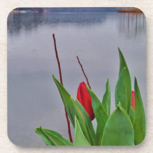 Red Tulips Blue Lake Arrowhead water Coaster