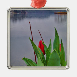 Red Tulips Blue Lake Arrowhead water Metal Tree Decoration
