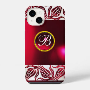 RED TULIPS DAMASK TULIP MONOGRAM Burgundy White iPhone Case