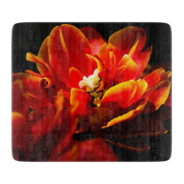 Red tulips dark background cutting board (Front)
