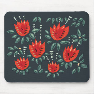 Red Tulips Decorative Abstract Dark Floral Pattern Mouse Pad