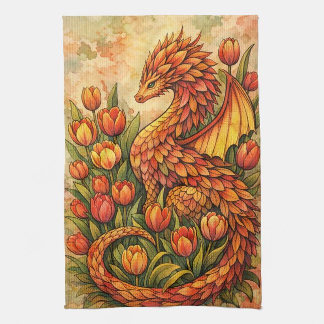 Red Tulips Dragon Spring Dragons                   Tea Towel (Vertical)
