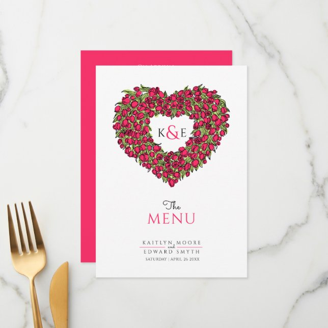 Red tulips heart wreath monogram wedding menu (Front/Back In Situ)