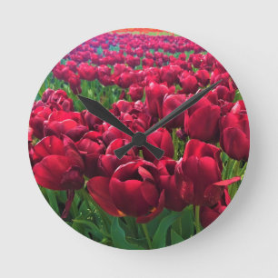 Red Tulips in a Field, Oregon Round Clock