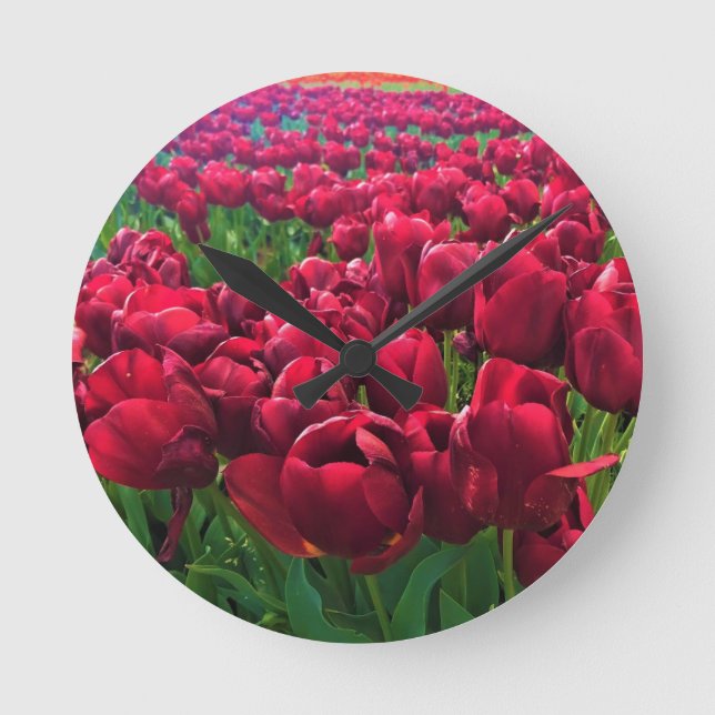 Red Tulips in a Field, Oregon Round Clock (Front)