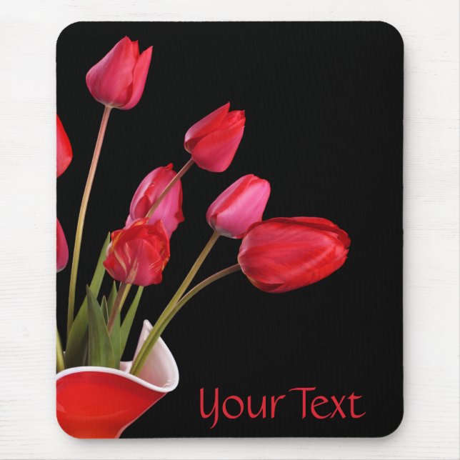 Red Tulips on Black Mousepad (Front)