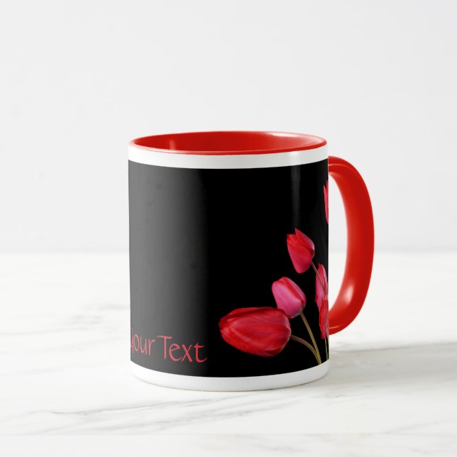 "Red Tulips on Black" Mug (Front Right)