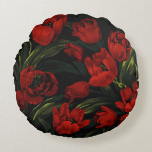 Red Tulips on Black Round Pillow