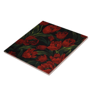 Red Tulips on Black Tile