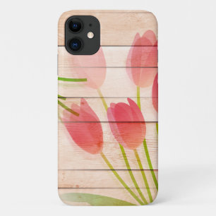 Red Tulips on Clean Wood Background iPhone 11 Case