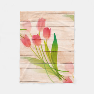 Red Tulips on Clean Wood Background Fleece Blanket