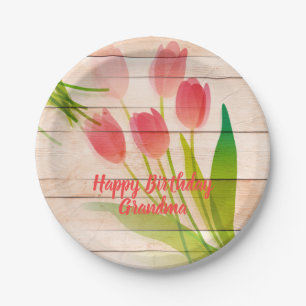 Red Tulips on Clean Wood Background Paper Plate